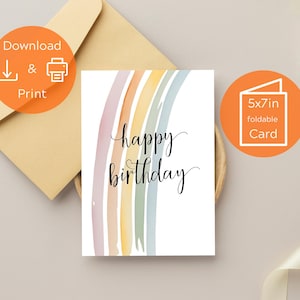 Cartão de Aniversário em Aquarela com Arco-Íris – Colorido 5×7 para Imprimir | Download Instantâneo