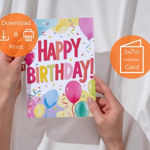 Happy Birthday Card Digital Download – Printable 5x7 Foldable Greeting, Colorful Balloon Design, Instant Download