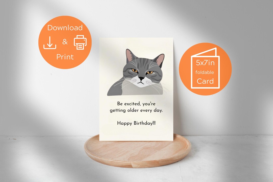 Funny Cat Birthday Card – Printable 5x7 Foldable Greeting, Instant ...
