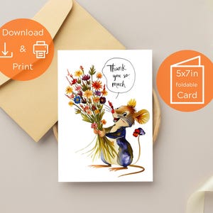Carte de remerciement avec souris, amoureux des animaux mignons, gratitude, impression numérique instantanée unique, 5 x 7 remerciements, attention personnelle pour elle