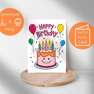 Birthday Cake Card – Printable 5x7 Foldable Greeting, Instant Download, Colorful Balloon Design, DIY Celebration Card