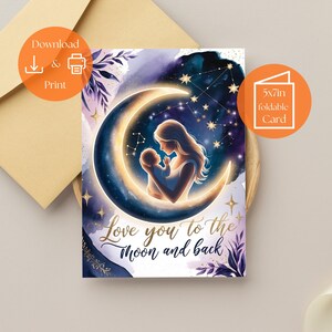 Carte de fête des mères J'aime sur la lune - Carte céleste imprimable avec scène de la lune pour maman et bébé - Carte DIY étoilée élégante - Téléchargement immédiat