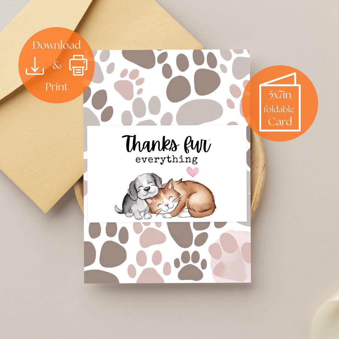 Pet Thank You Card Printable – Cute Dog & Cat Watercolor With Paw ...