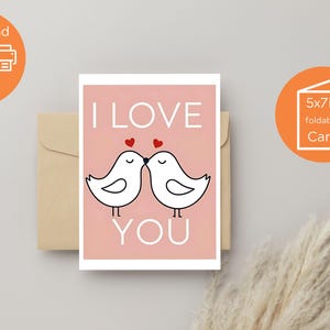 Carte Love Birds, carte de Saint-Valentin douce et simple, téléchargement immédiat, carte de Saint-Valentin imprimable, carte d'anniversaire imprimable, carte d'amour rose
