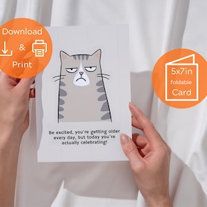 Tarjeta de cumpleaños divertida de gato: imprimible, plegable, de 13x18 cm, con diseño divertido, descarga instantánea para amantes de los gatos, idea de regalo DIY