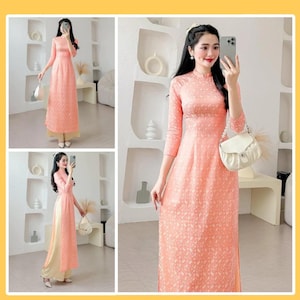 Ao Dai vietnamita preconfezionato per donne – Áo dài truyền thống áo dài gấm tơ hoa văn chuồn chuồn áo cổ cao 2 phân tay lỡ đẹp