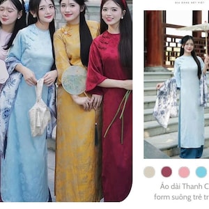 Pre-made Vietnamese Ao Dai for Women – Áo dài cách tân cổ tròn gấm-Ao dai for women, Women&#39;s dresses, Traditional Ao dai