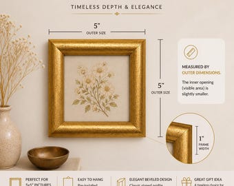 May include: A gold beveled frame, 5 inches (12.7 cm) outer size, with a floral print. The frame has a 1-inch (2.54 cm) width and is designed for 5x5 inch artwork or photos. The text on the image says "BEVELED GOLD FRAME".