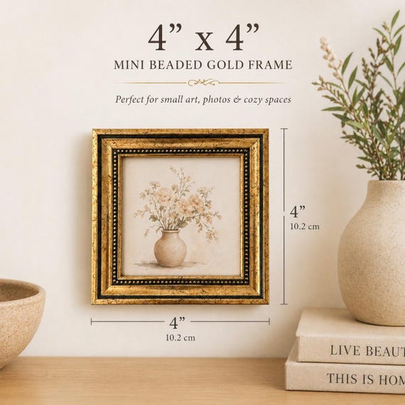 Mini Gold Frame 4x4, Empty Picture Frame, Beaded Gold Frame, Small Wall Frame, Vintage Style Frame, Frame Only Decor