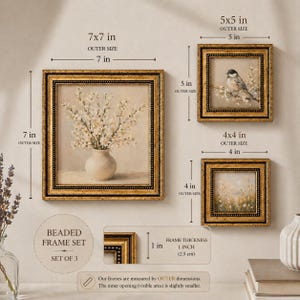 May include: A set of three framed art pieces with gold beaded frames. The largest frame is 7x7 inches, featuring a vase of white flowers. The other two frames are 5x5 and 4x4 inches, with bird and floral art. The frame thickness is 1 inch.