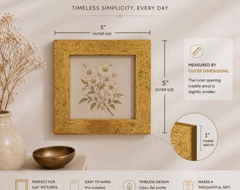 May include: A square gold picture frame with a floral print, 5 inches on each side, and a 1-inch frame width. The frame has a warm gold finish and a flat profile. The text on the image says "FLAT GOLD FRAME".
