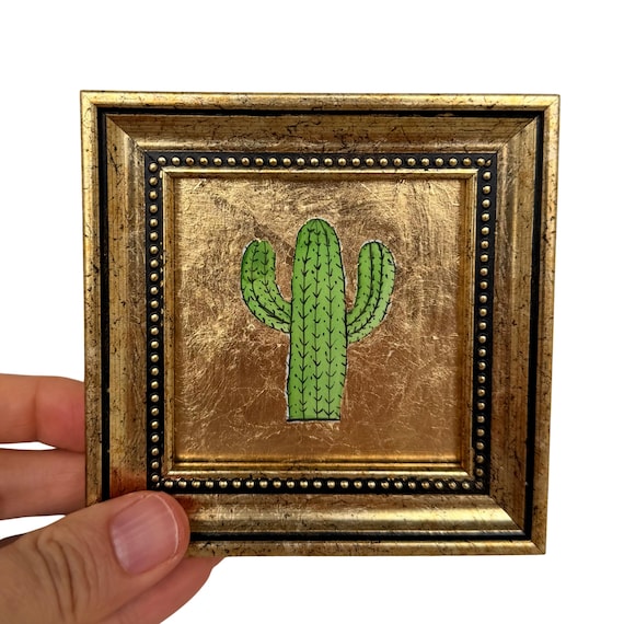 Tiny Cactus Painting, Mini Framed Art, Original Small Painting, 4x4 Inch Gold Frame Art, Cute Desert Wall Decor, Handmade Tiny Art