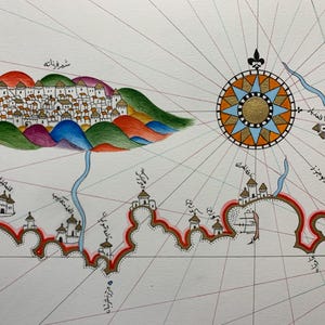 May include: A detailed hand-drawn map with a compass rose in the center. The map features a city with buildings and surrounding hills in shades of red, orange, green, blue, and purple. The map is drawn on a white background with a grid pattern.