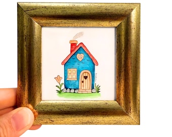 Tiny House Painting, Mini Framed Art, Cute Cottage Decor, Small Original Artwork, Whimsical Home Illustration, Gift Idea