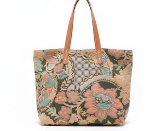 Printed upholstery shopper bag - Handmade, exclusive, Ubrique leather handles, artisanal tote bag