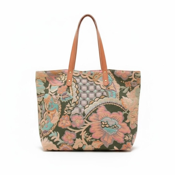 Stylish Leather and Patterned Fabric Women\'s Bag DLIU Checkered pattern Fabric Tote Bag Shopping Bag for Work  main image 3