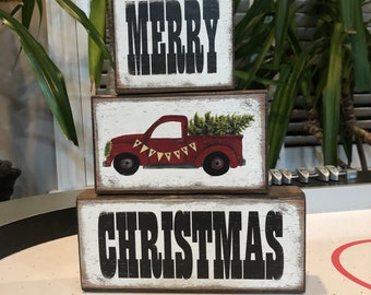 Red Truck Merry Christmas Wood Block Shelf Sitter