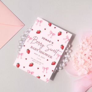 Zoete babyshoweruitnodiging Berry, bewerkbare canvassjabloon, aardbei babyshower uitnodiging, babyfeestje aardbei meisje, roze aangepaste uitnodiging