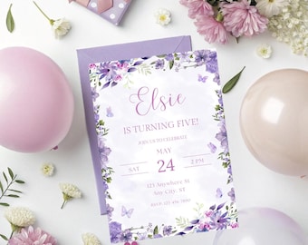 May include: A birthday invitation with the name "Elsie" in a purple script font. The invitation is surrounded by purple flowers and butterflies. The text reads "IS TURNING FIVE!" and includes the date, time, and location. Balloons and flowers surround the invitation.