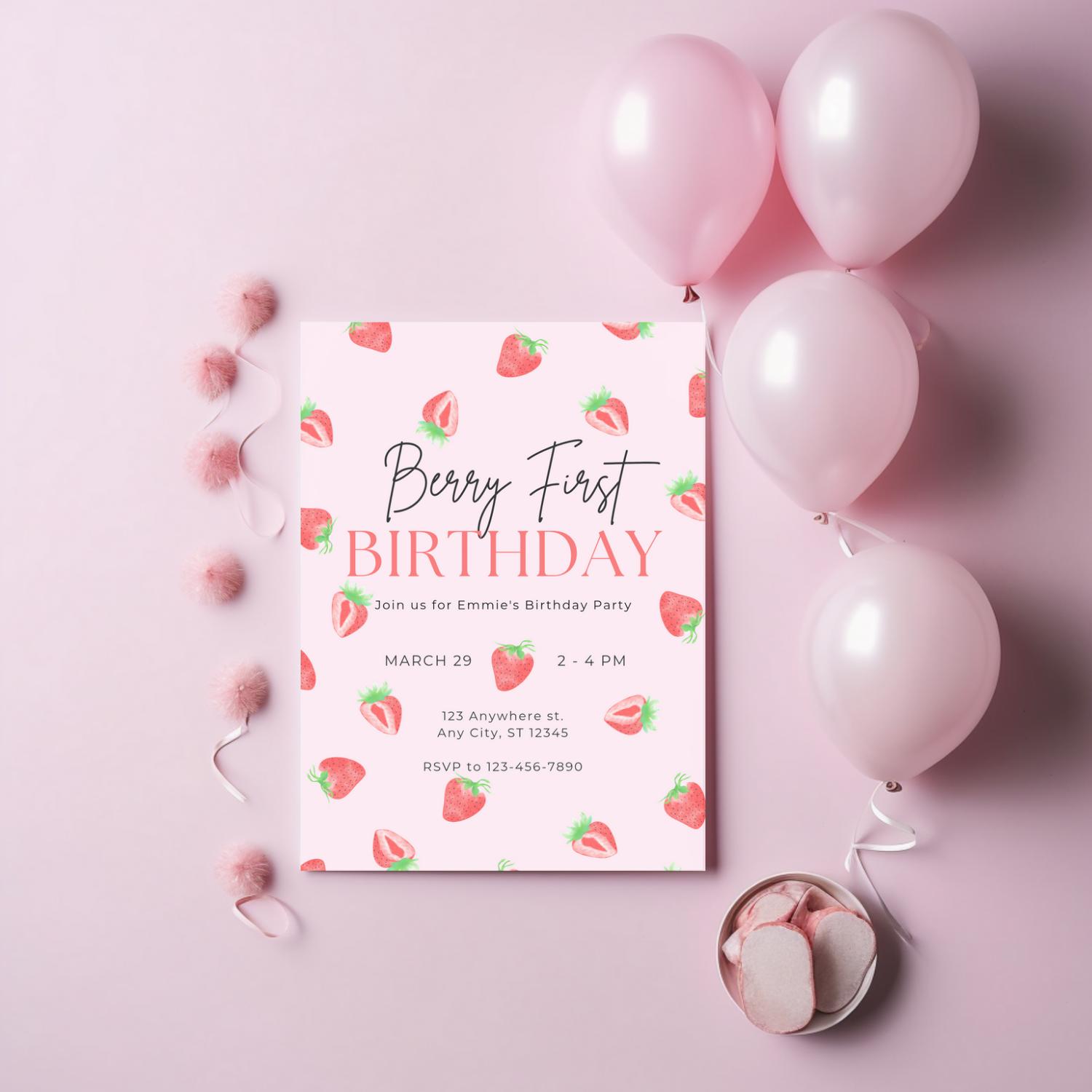 Berry First Birthday Party Invitation, Editable Canva Template, Pink Strawberry Birthday Invite, Strawberry Theme Party Invitation