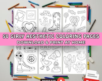 50 Girly Aesthetic Coloring Pages, Cute Printable Coloring Books for Girls, Kawaii Coloring Sheets, Bold Easy Girly Themed Coloring