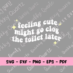 May include: A white graphic design on a gray background with the text "feeling cute might go clog the toilet later". The text is in a retro font style with stars on either side.