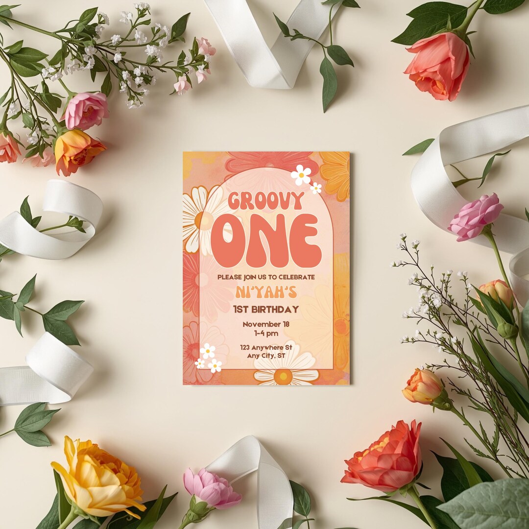 Groovy One Birthday Invitation Template, Retro Daisy First Birthday ...
