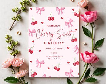 Cherry Sweet Birthday Party Invitation, Editable Canva Template, Cherry Bow Birthday Invite, Cherry Theme Girl Birthday Party, Custom Invite