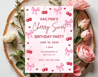 Invitación de cumpleaños con tema de cerezas, plantilla editable de Canva, invitación de cumpleaños con lazo de cerezas, fiesta de cumpleaños de niña con temática de cerezas, invitación personalizada