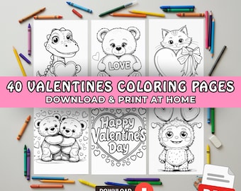 30 Valentines Day Coloring Pages for Kids, Printable Valentines Activity Pages, Cute Love Theme Coloring Sheets, PDF Download, Kids Coloring