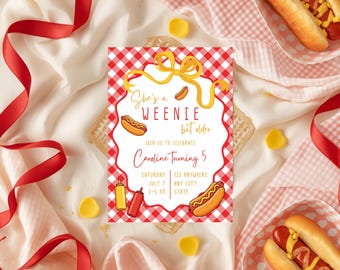 Inbjudan till födelsedag "She's a Weenie" (hon är en liten liten liten, lite äldre), inbjudan till varmkorvfest, mall för grillfest, redigerbar Canvas-inbjudan