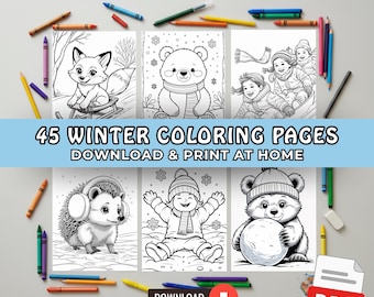 45 Winter Coloring Pages for Kids, Printable Winter Activity Pages, Cute Snow Themed Coloring Sheets, PDF Download, Kids Coloring Download