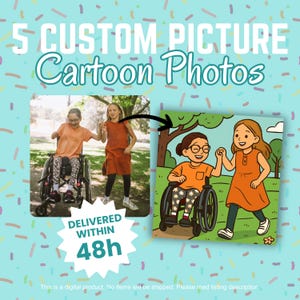 5 foto di cartoni animati personalizzate, foto in cartone animato, regalo di cartone animato personalizzato, regalo divertente per bambini, download Dogital, cinque foto di cartoni animati personalizzate