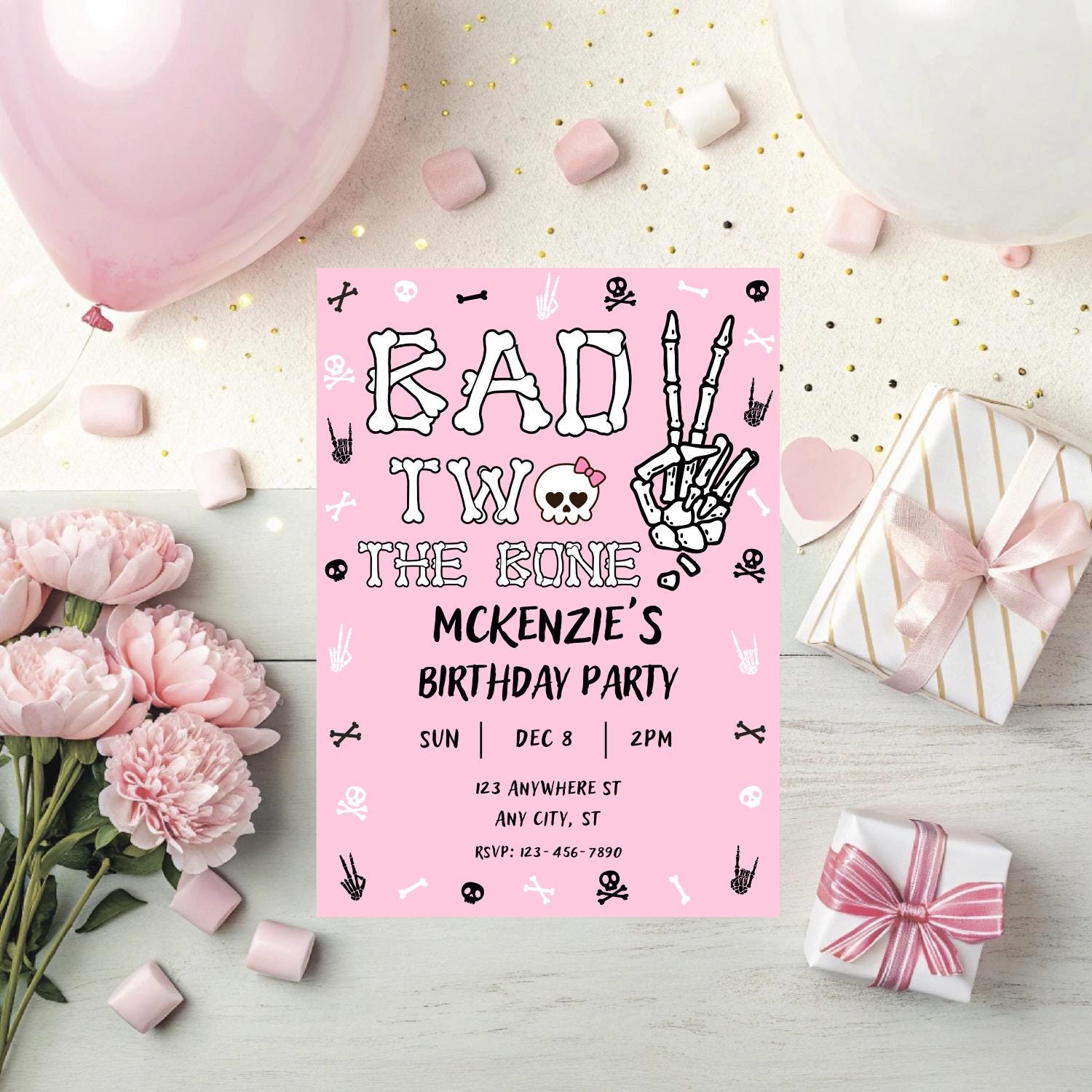 Bad Two The Bone Sfondo Per Festa Di 2° Compleanno – Striscione Con Scheletri Rock And Roll – 0,9x1,5 M - 4