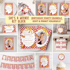 May include: A birthday party bundle featuring a red and white gingham pattern, yellow ribbon accents, and hot dog illustrations. The set includes invitations, water bottle labels, food tags, a banner, and cupcake toppers with the text She's a Weenie Bit Older.