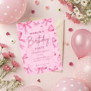 Pink Bow Birthday Invitation Template, Editable Canva Template, Custom Pink Bow Birthday Invite, Girly Party Invite, Cute Digital Invitation