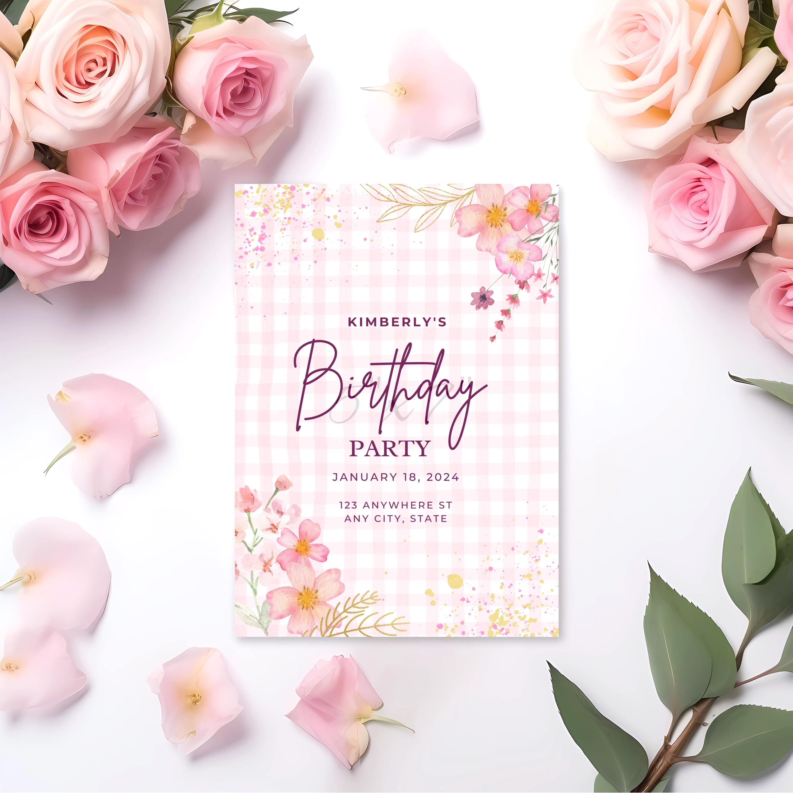 Customizable Birthday Party Invitation, Pink Gingham Birthday Invite ...