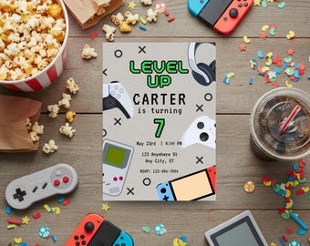 Gamer Birthday Invitation Template, Level Up Party Invite, Editable Canva Template, Video Game Birthday Card, Gaming Birthday Invite