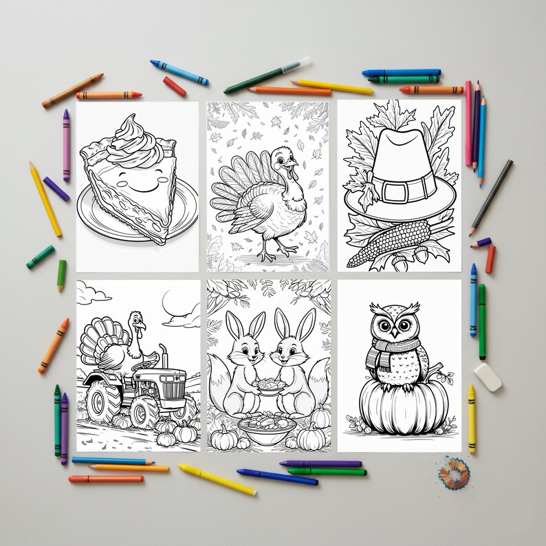 May include: Six black and white coloring pages with Thanksgiving themes. Images include a smiling pie, a turkey, a pilgrim hat with corn, a turkey on a tractor, two rabbits, and an owl on a pumpkin. Crayons surround the pages.