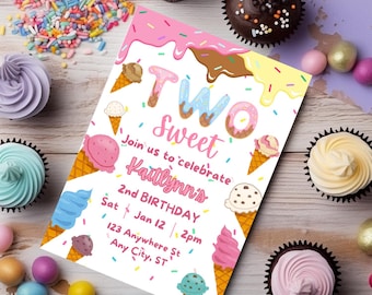 Two Sweet Birthday Invitation Template, Editable Canva Template, 2 Sweet Party Invite, Girls 2nd Birthday, Two Sweet Ice Cream Party Theme