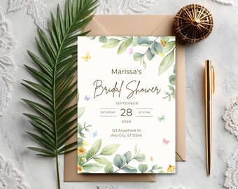 Modello di invito per addio al nubilato "Butterfly Garden", modello Canva modificabile, elegante invito botanico, invito per festa di fidanzamento a tema giardino