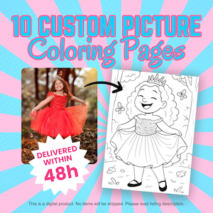 10 Custom Coloring Pages, Personalized Coloring Photos, Ten Custom Photo Coloring Pages, Digital File, Printable Coloring Book, Picture Gift