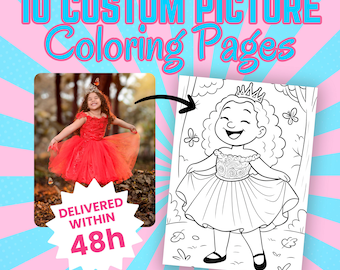 10 Custom Coloring Pages, Personalized Coloring Photos, Ten Custom Photo Coloring Pages, Digital File, Printable Coloring Book, Picture Gift