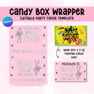 Peut inclure: Modèle d'emballage de boîte à bonbons rose avec le texte "Candy Box Wrapper" et "Editable Party Favor Template". Le design comprend des graphiques de squelettes et l'expression "Bad Two The Bone". Comprend une boîte de bonbons Sour Patch Kids.