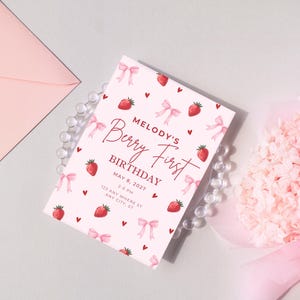 Berry First Birthday Party Invitation, Editable Canva Template, Pink Bow Strawberry Birthday Invite, Strawberry Bow Theme Party Invitation