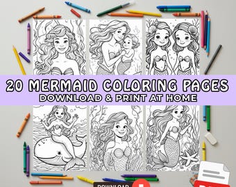 20 Mermaid Coloring Pages, Cute Printable Coloring Sheets, Girly Coloring Pages, Digital Coloring Book for Girls, Mermaid Printable Activity