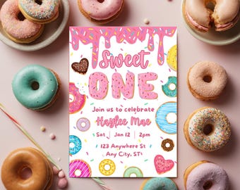 Sweet One Birthday Invitation Template, Editable Canva Template, First Birthday Party Invite, Donut Birthday Party, Sweet One 1st Bday Party