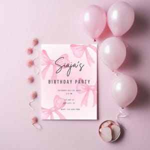 Modelo de convite de aniversário personalizável, modelo editável do Canva, convite de aniversário com laço rosa, convite para festa feminina, convite digital fofo