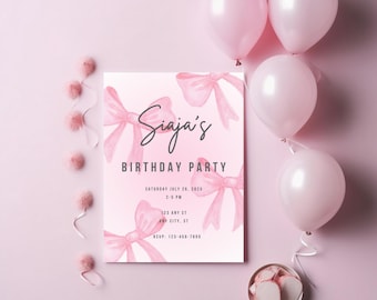 Customizable Birthday Invitation Template, Editable Canva Template, Pink Bow Birthday Invite, Girly Party Invite, Cute Digital Invitation