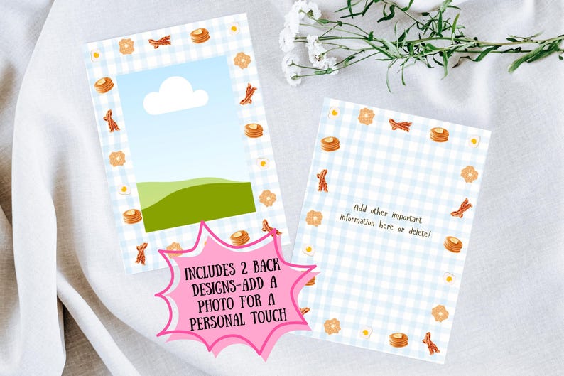May include: Two breakfast-themed cards with a blue gingham pattern. One card has a photo frame with a sky and landscape scene. The other card has text that reads, "Add other important information here or delete!" The cards are decorated with pancakes, bacon, and eggs.